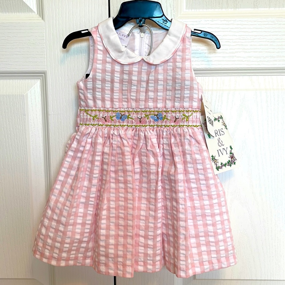 NWT Seersucker Gingham and Smocked Butterfly Detail Dress